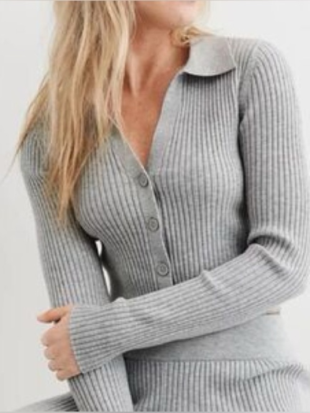 aerie Ribbed Button-Front Collared Cardigan - Gray